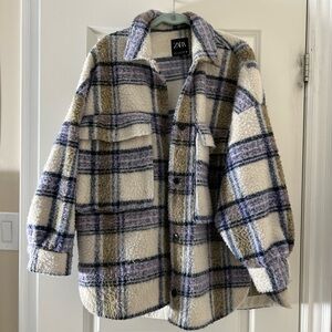 Zara Blue and Cream Plaid Sherpa Jacket M-L